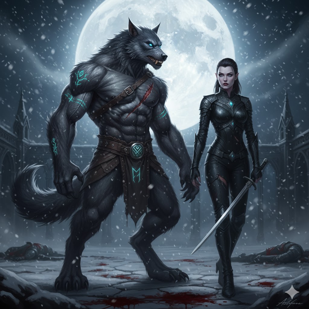 Lycan alpha and vampire death dealer commander face to face in snow, mutual respect despite hatred, dramatic lighting